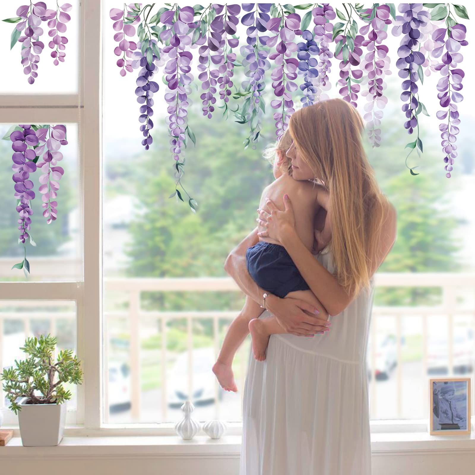 Purple Hanging Vine Double Sided Window Clings Wisteria Flower Leaf Window Decals Anti-Collision Glass Doors Window Stickers — image 4