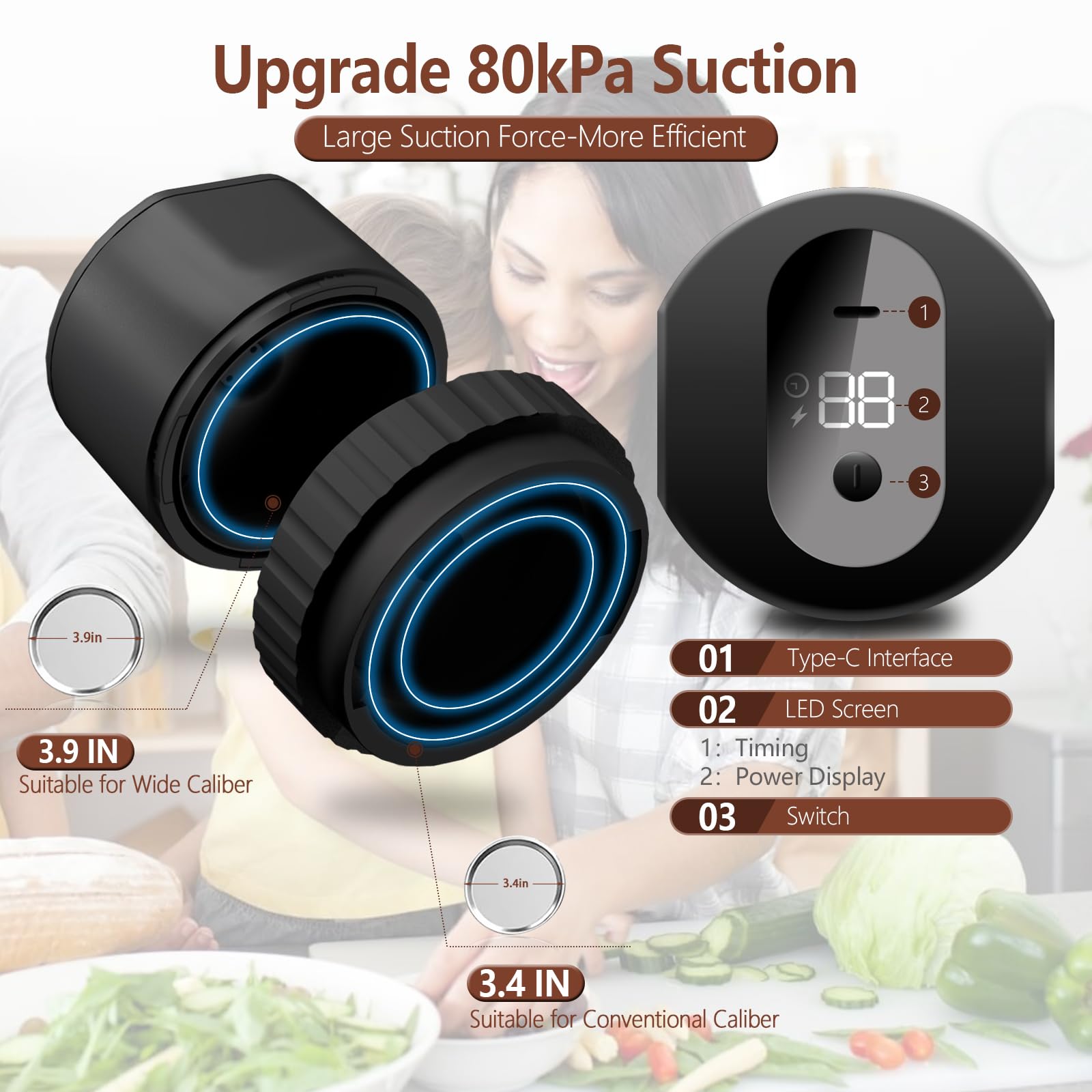 Black Electric Mason Jar Vacuum Sealer Kit โ Portable Automatic Vacuum Sealing Machine with 80kPa Suction & Reusable Lids for Wide & Regular Mouth Jars โ image 3