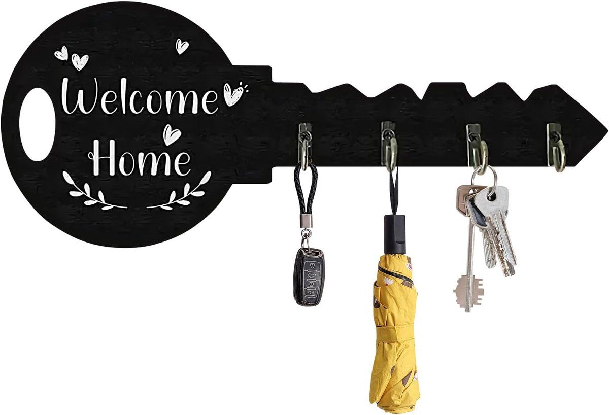 4-Hook Key-Shaped MDF Wall Key Rack, Black Welcome Home Coat and Bag Organizer, 29.5 x 12 cm