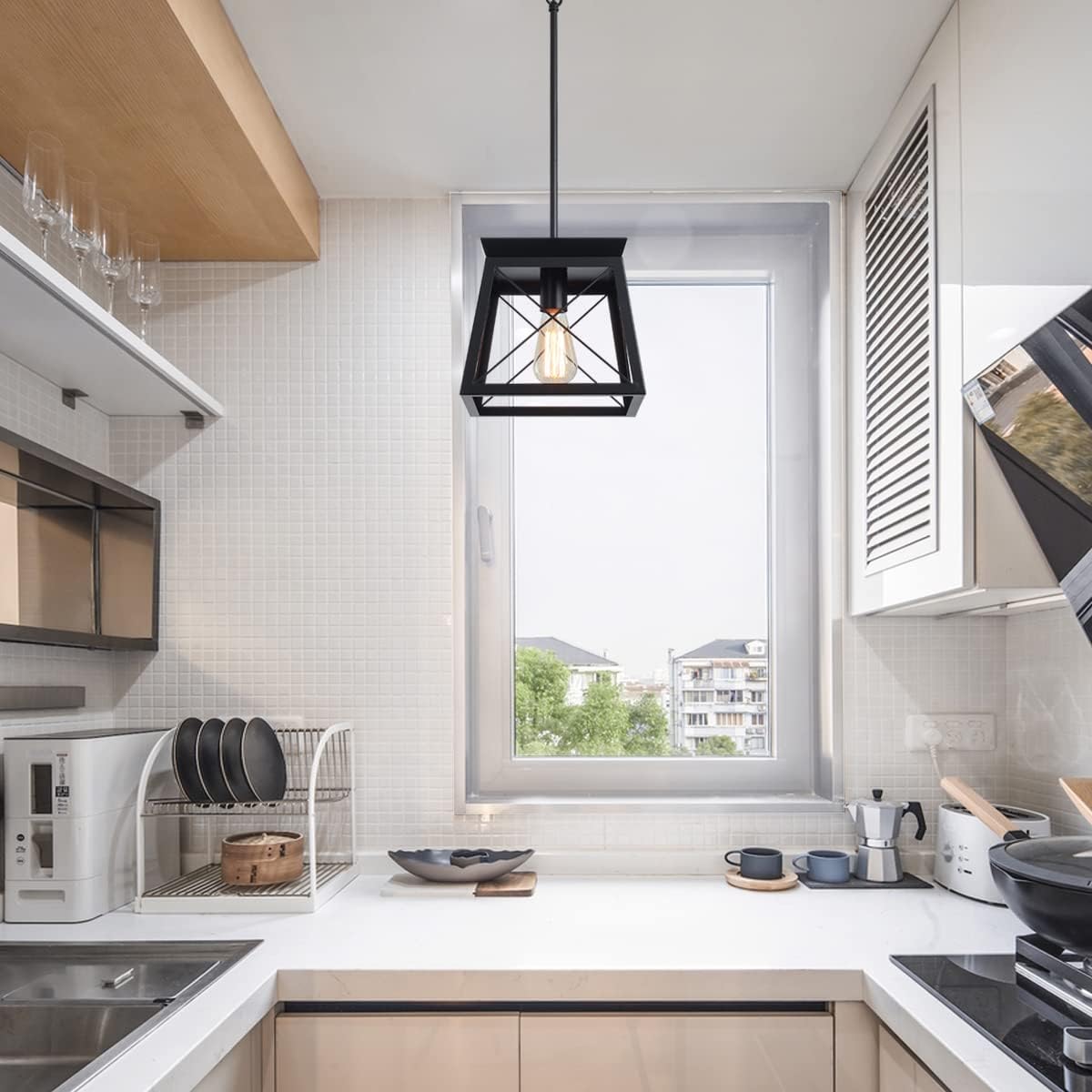 Farmhouse Pendant Light Rustic Lantern Chandelier Black — image 6