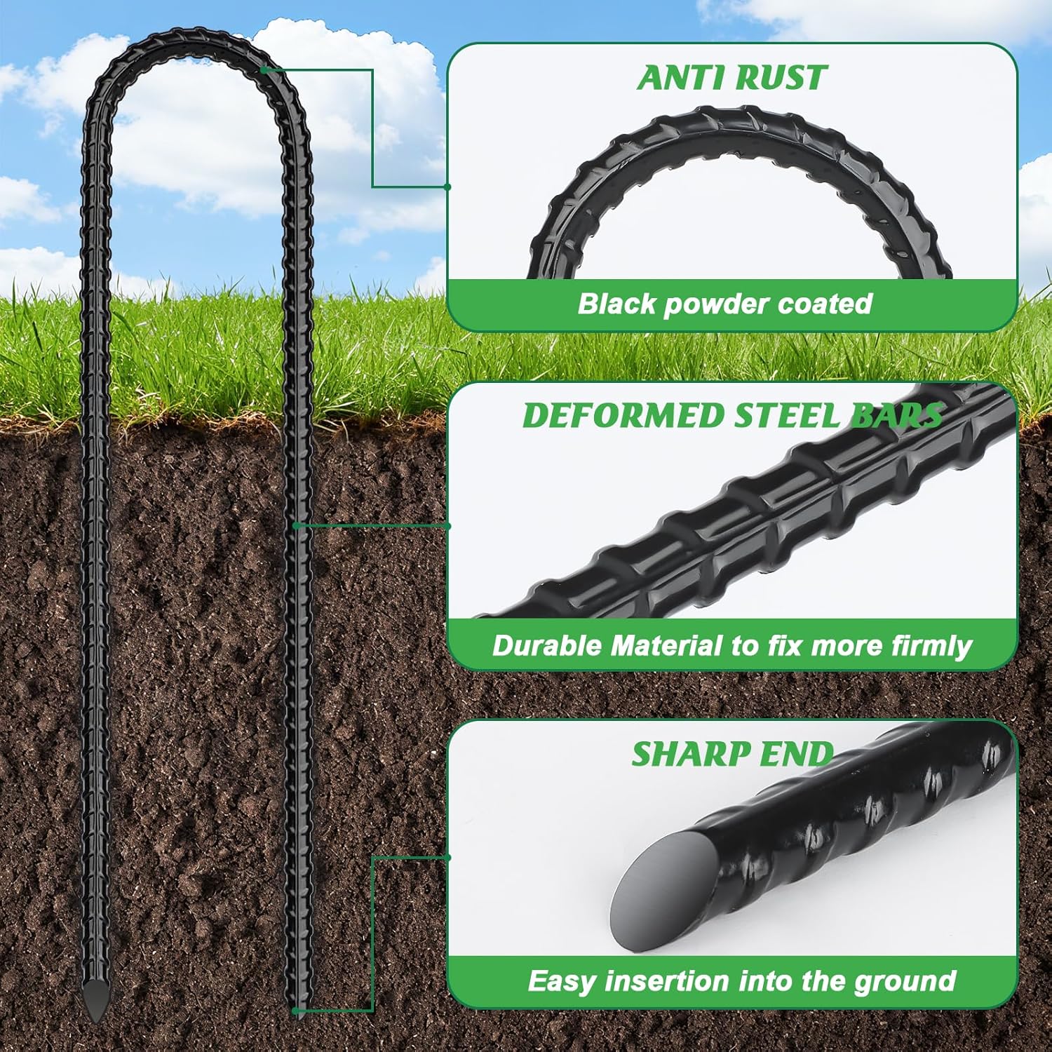Trampolines Wind Stakes,Heavy Duty U Shaped Rebar Tent Stakes Ground Anchors Galvanized Steel Safety Trampoline Anchors for Camping Tents, Soccer Goals — image 3