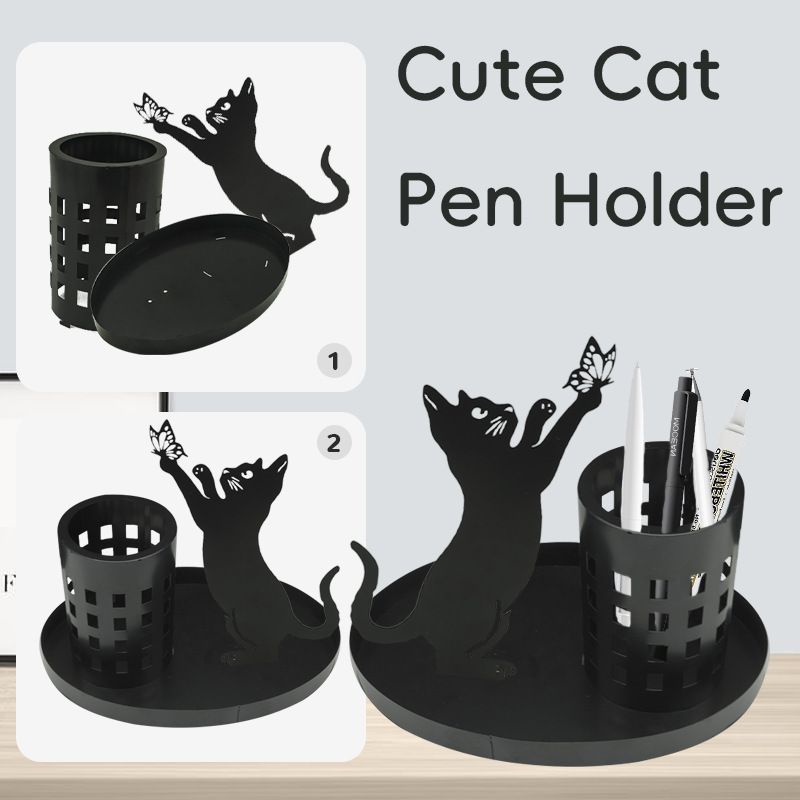 Cat Pen Holder for Desk Cute Black Cat Pencil Holder Metal Cat Desk Accessories Desk Organizer Cat Makeup Brush Pen Cups โ image 3