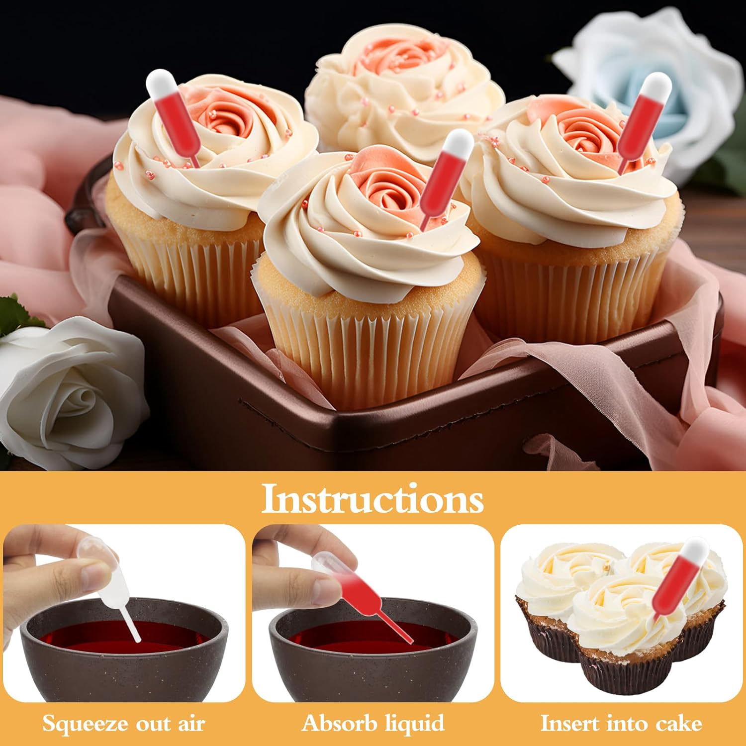 25Pcs Cupcakes Pipettes, 4ml Clear Plastic Pipettes - Transfer Liquid Pipettes Dropper for Chocolate, Strawberries Cupcakes, Ice Cream, Mini Cakes, Waffles