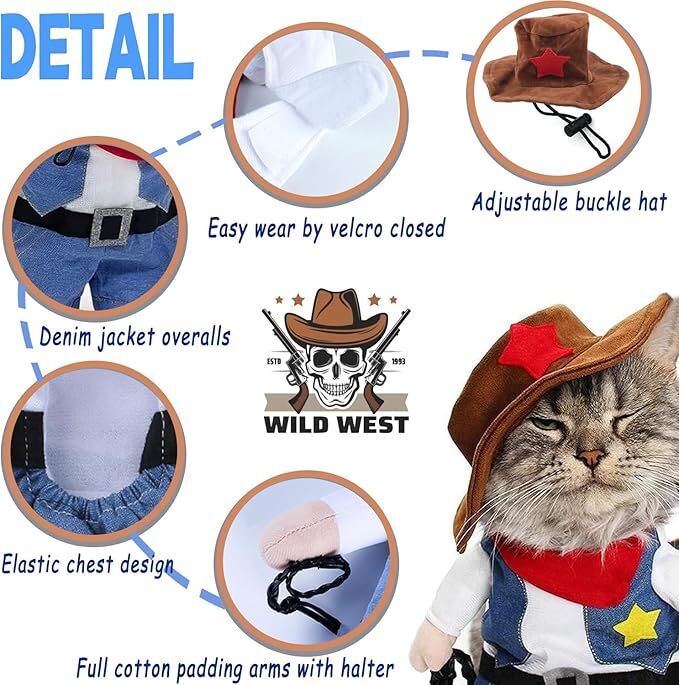 pet products Small Dog Cowboy Costume with Hat 2pcs Funny Halloween Chucky Costumes Cool West Cowboy Uniform Puppy Denim Overalls Western Cosplay โ image 5