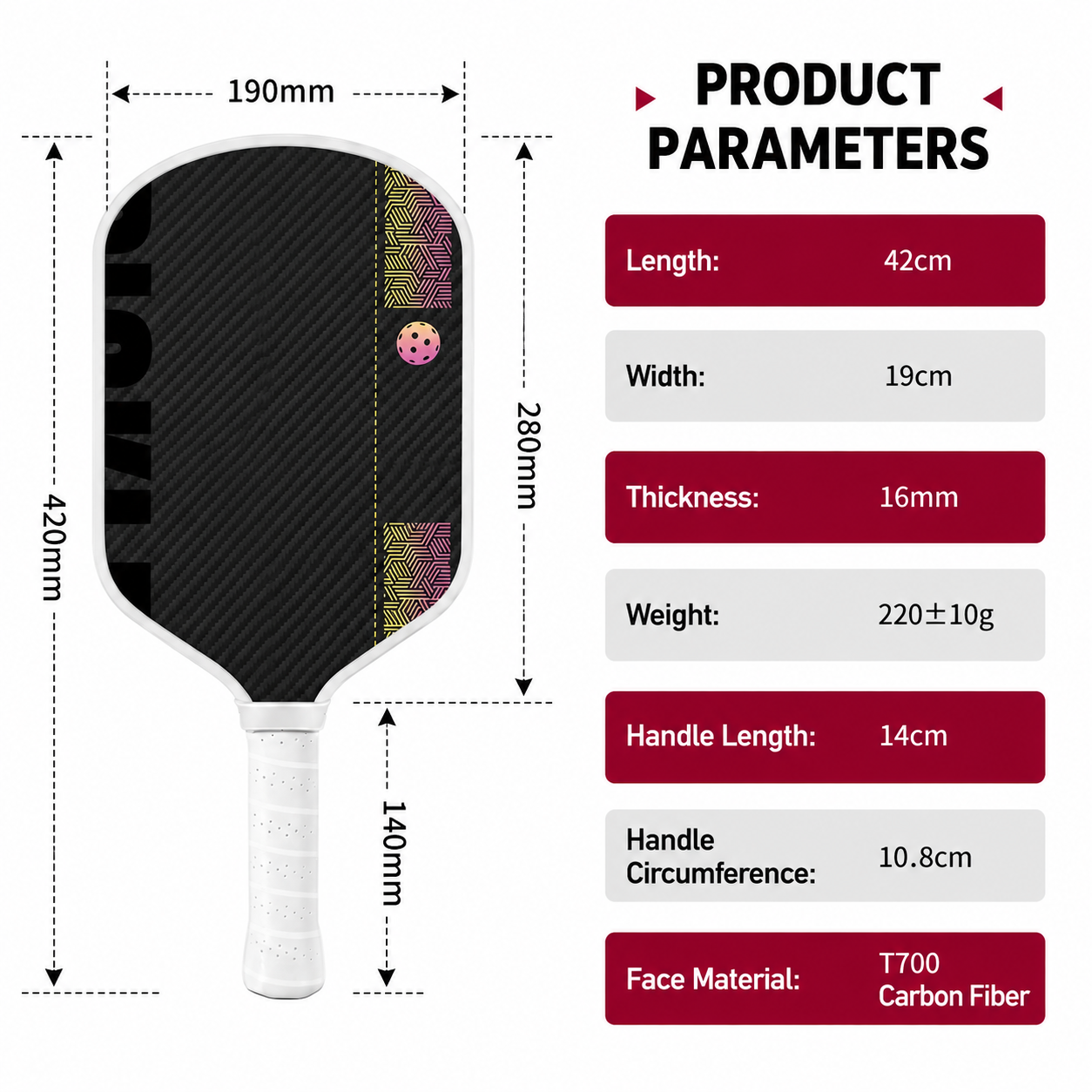 Black and Red T700 Raw Carbon Fiber Pickleball Paddle - Professional Honeycomb Core Paddles with Expanded Sweet Spot & Cushion Grip for Outdoor Use — image 5