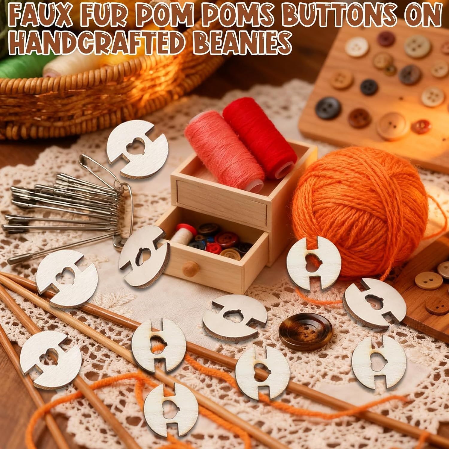 100 Pack Pom Buttons for Hats, Sew-On Craft Buttons with Wooden Holder for Crochet, Knitting Beanies and DIY Decoration — image 4