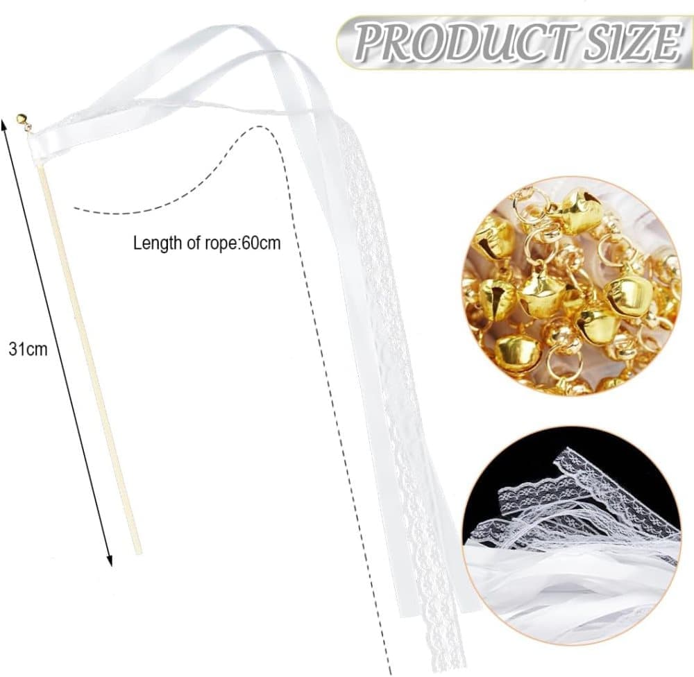 30 Pack Satin & Lace Ribbon Wands with Bells for Wedding & Party Decor, 30cm Beige — image 3