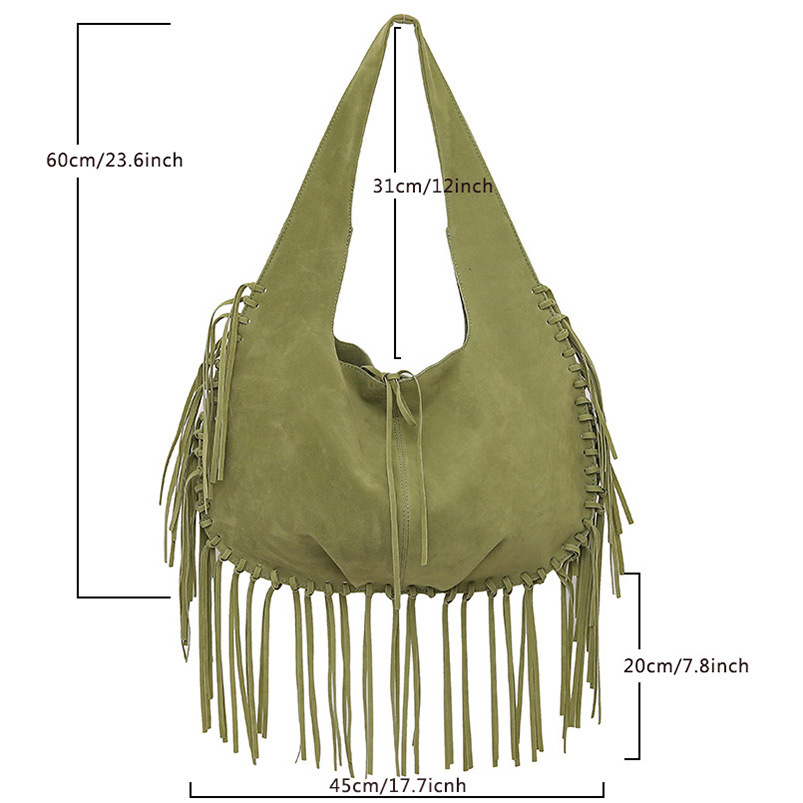 Brown Boho Chic Fringed Hobo Bag - Large Capacity Soft Faux Suede Shoulder Tote with Tassel Detail โ image 3
