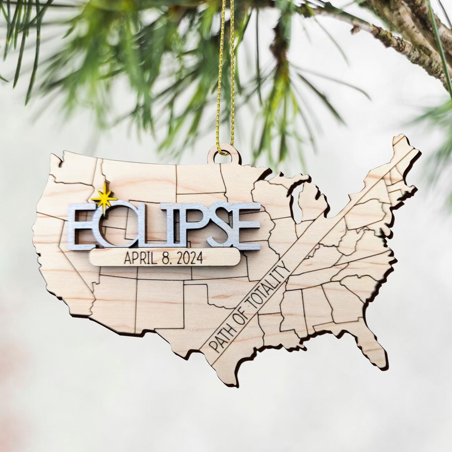 Solar Eclipse 2024 Ornament, Wooden 2024 Eclipse Keepsake,Eclipse Souvenir - 12 Different States Texas, New York β image 5