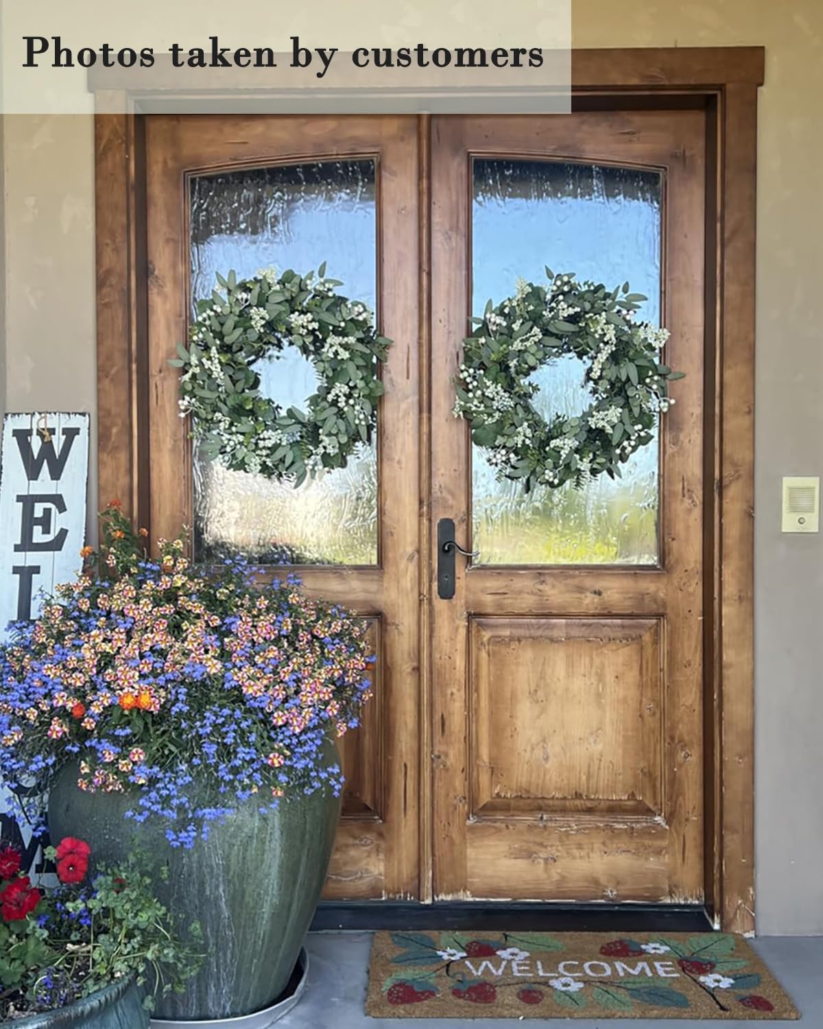 Green Eucalyptus Leaves Front Door Wreath, 24 Inch Artificial Spring Summer Greenery Wreath Front Door Decoration Boxwood with Big Berries Farmhouse Outdoor — image 4
