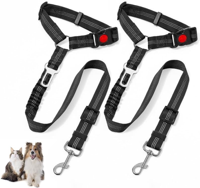 Dog Seat Belts for Car, 2 Pcs Dog Tether with Elastic Bungee Buffer, Adjustable Dog Car Seatbelts and Strong Leash Leads Accessories for Dogs Cats Pets, Black