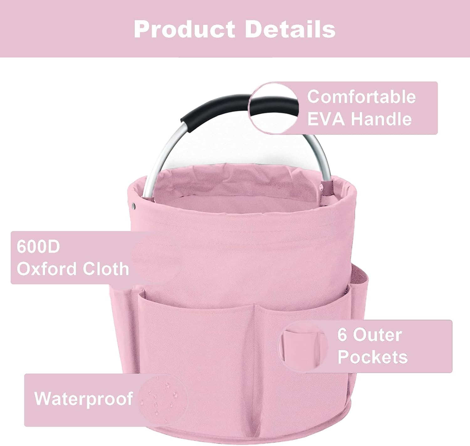 Pink Foldable Cleaning Caddy with 6 Outer Pockets: 17L Collapsible Storage Basket for Household, Bathroom, Picnic & Beach โ Durable Oxford Cloth Organizer โ image 5