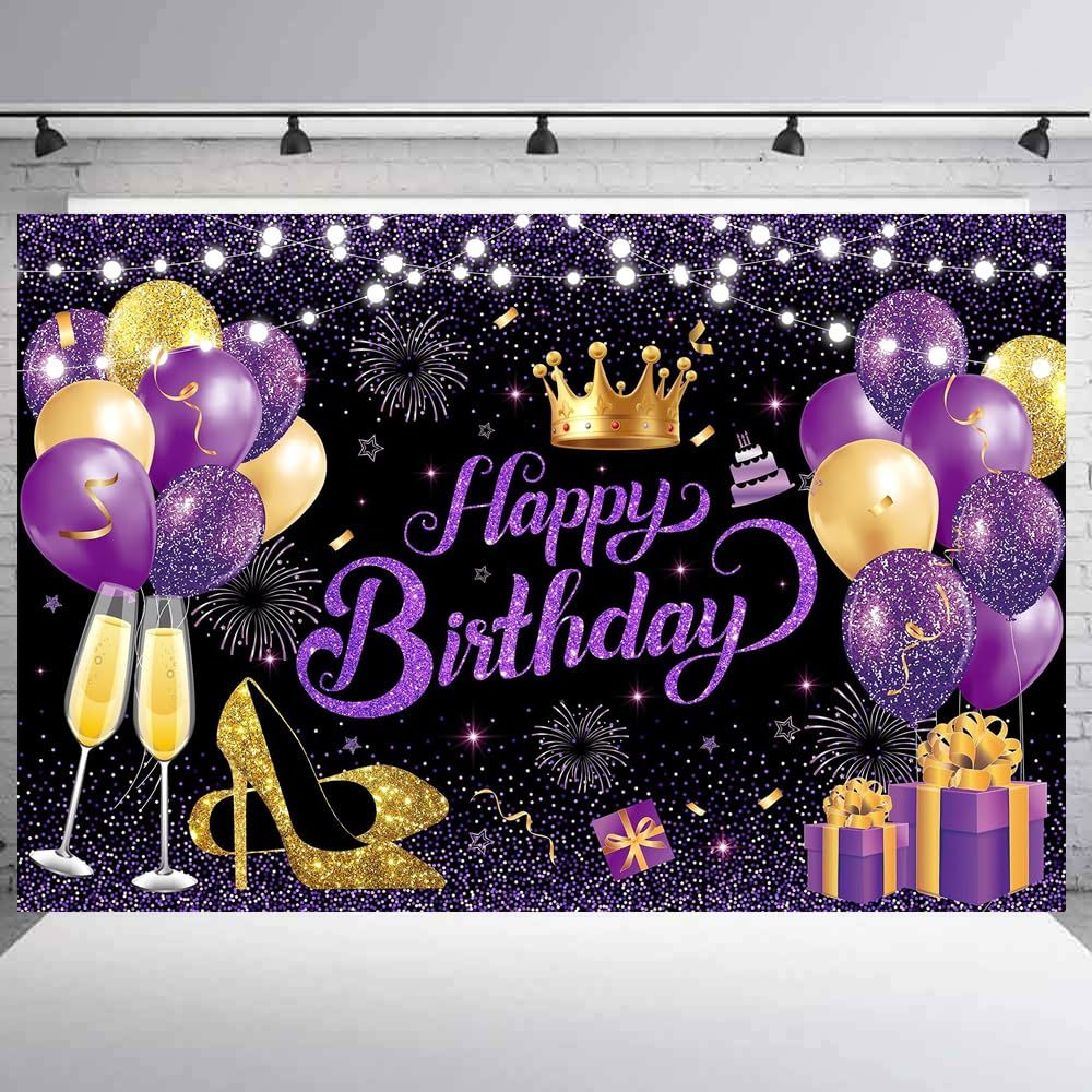 180x110 cm Black Purple Gold Happy Birthday Party Backdrops Cloth 71x43 in. Birthday Celebration Photography Backgrounds Glitter — image 2