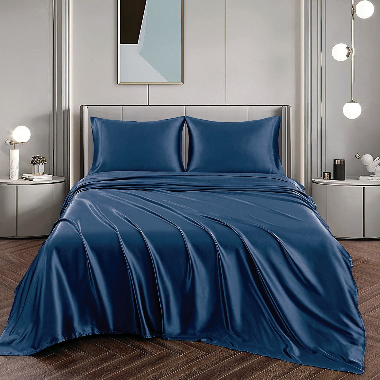 Art Silk Satin Sheet Set Hotel 4 Pieces Fitted/Flat Sheet Bedding Set-Luxury Soft Silky Sheets for Hair and Skin, Similar to Silk Bed Sheets Set 4