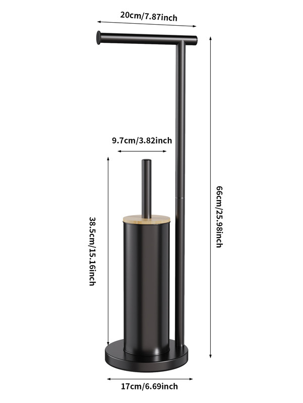 2-in-1 Iron Floor Standing Roll Paper Holder and Bamboo Lid Toilet Brush For Bathroom and Toilet-Black โ image 3