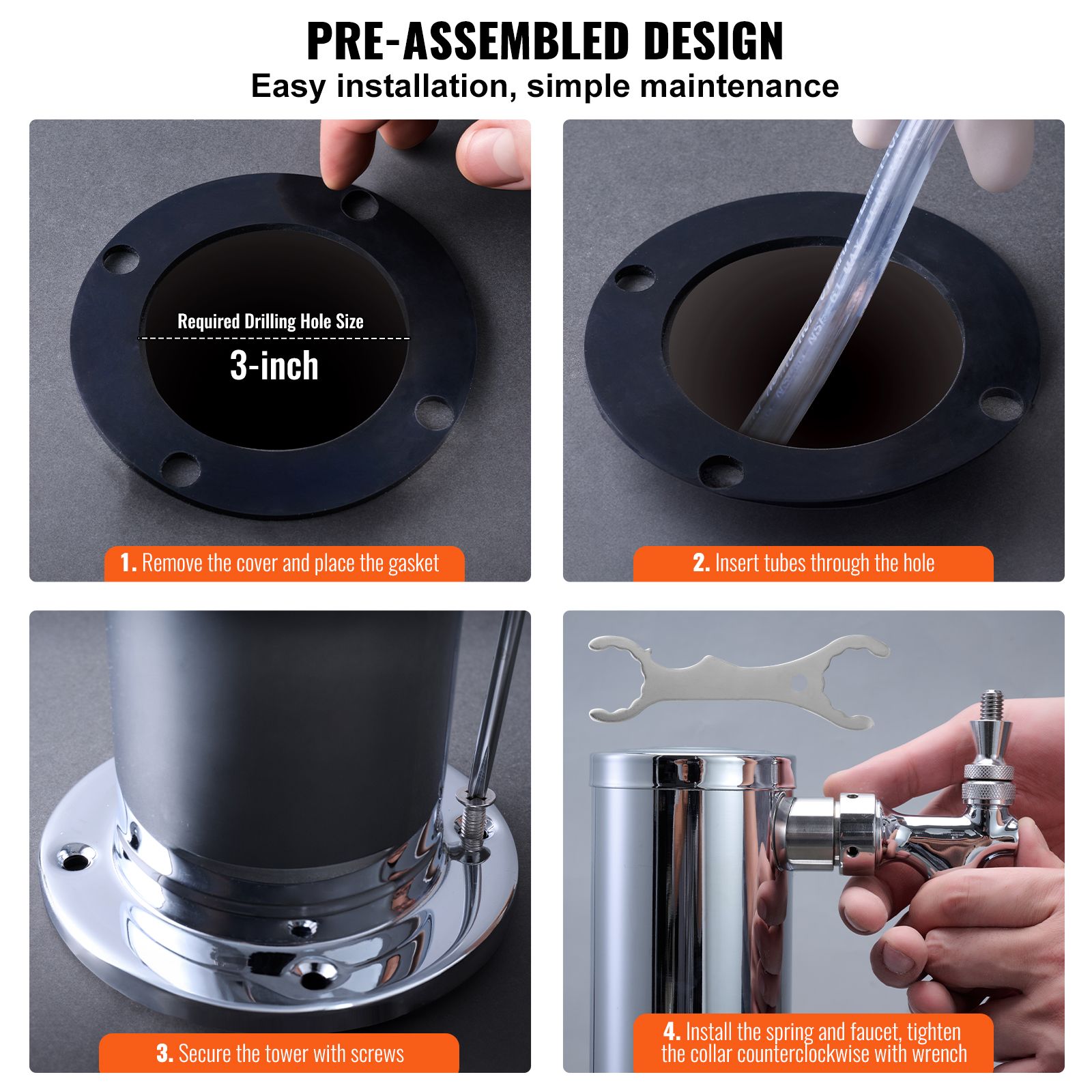Dual Taps Draft Beer Tower Dispenser, Stainless Steel Keg Beer Tower, Kegerator Tower Kit with Pre-Assembled Tubing and Self-Closing Faucet Shanks for Party — image 6