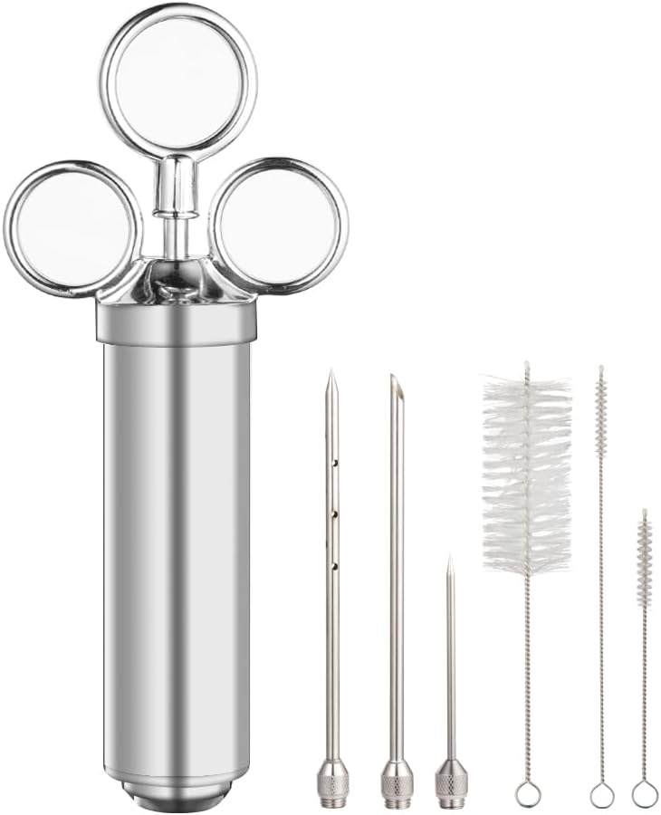 Meat Injector Syringe, 2oz Turkey Injector Seasoning, 304-Stainless Steel Seasoning Injector with 3 Marinade Needles and 3 Cleaning Brushes for Smoked BBQ
