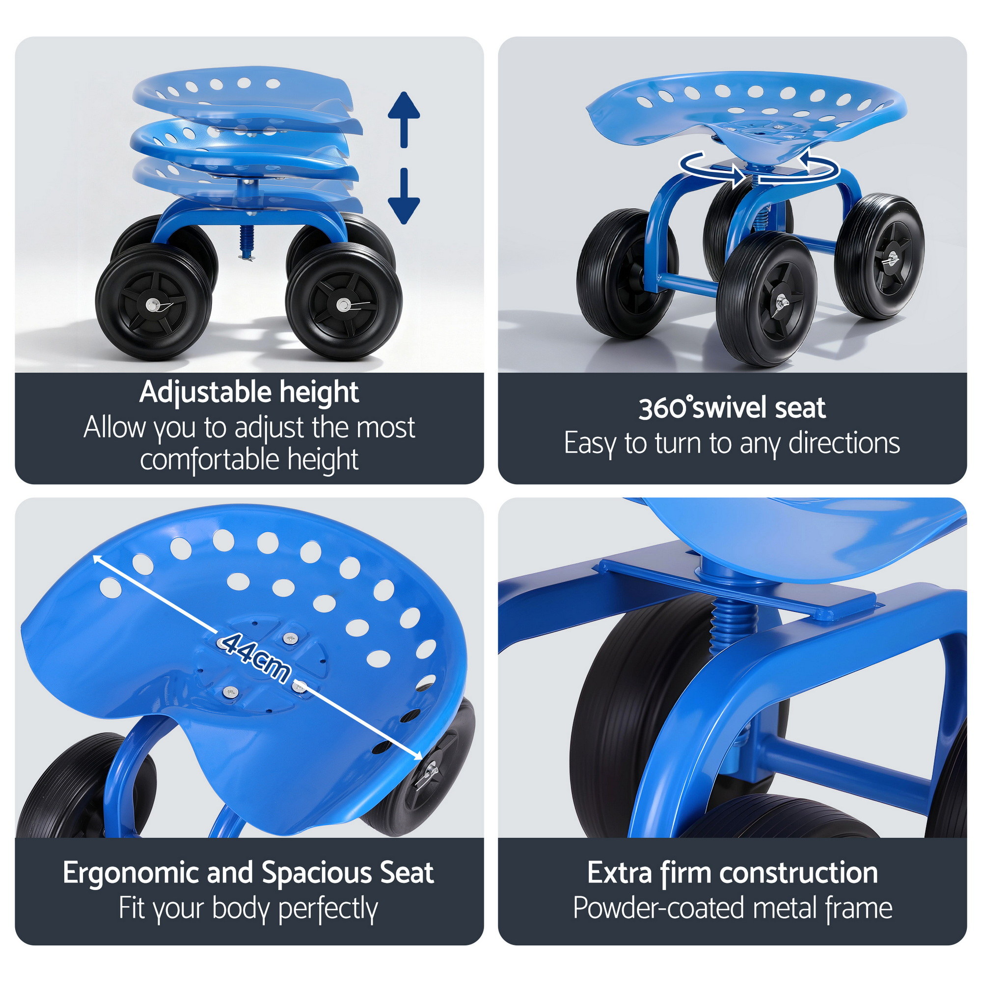 Gardeon Garden Seat 360 Swivel Rolling Adjustable Height Work Scooter Cart Wheels Heavy Duty 150kg — image 3