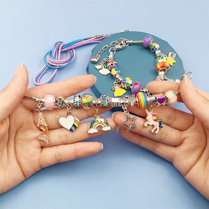 Pink Kids DIY Bead Jewelry Making Kit - 68 Pcs Alloy & Plastic Charm Bracelet & Necklace Set with Storage Box, Creative Birthday Gift for Girls β image 4