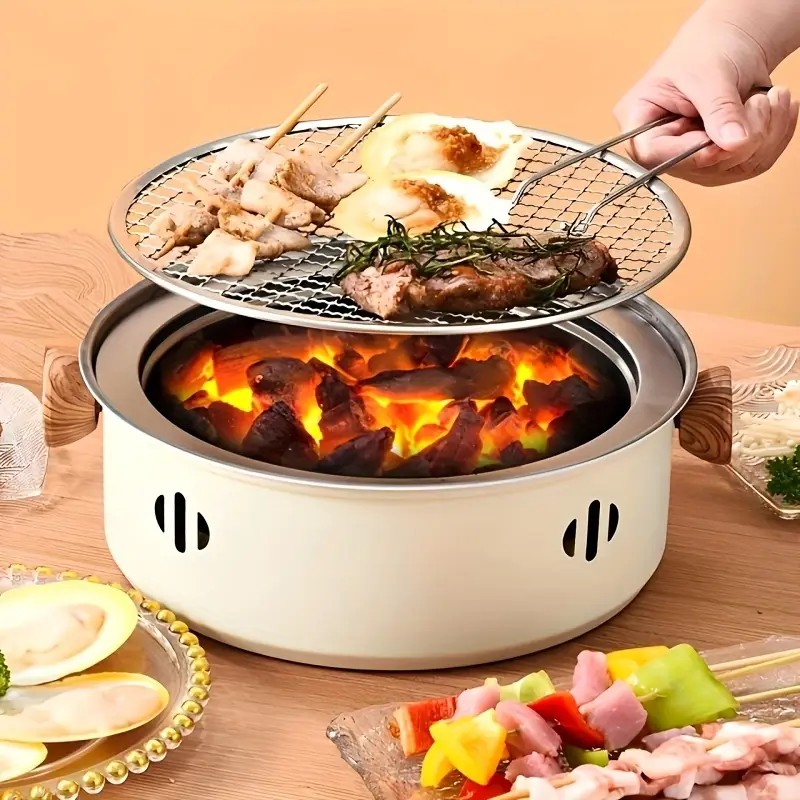 Portable mini tabletop barbecue grill, made of stainless steel, includes a grill mesh, designed for home use, and functions as a detachable charcoal grill
