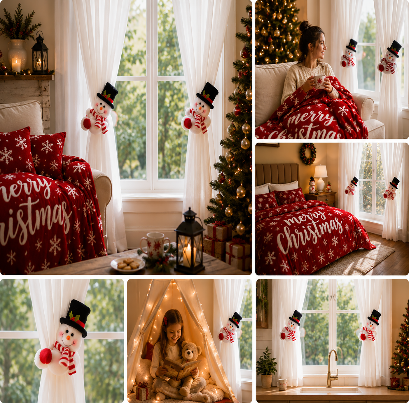 Christmas Flannel Throw Blanket and Snowman Curtain Tieback Set, 150 × 130cm Thick Fleece Sofa Blanket with 2 Plush Snowman Velcro Curtain Holders for Holiday — image 3