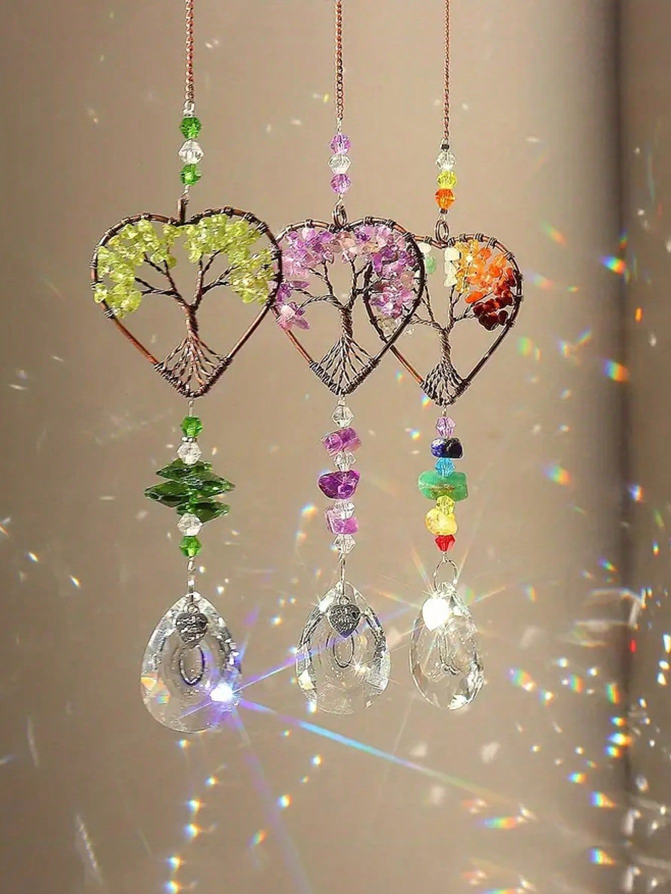 1PC Rainbow Sun Catcher Tree Of Life Heart Shaped Ornament Chakra Wheel Stone Window Ball Prism Hanging Garden Home Car Decoration Wall Decor B Ideal Valentine