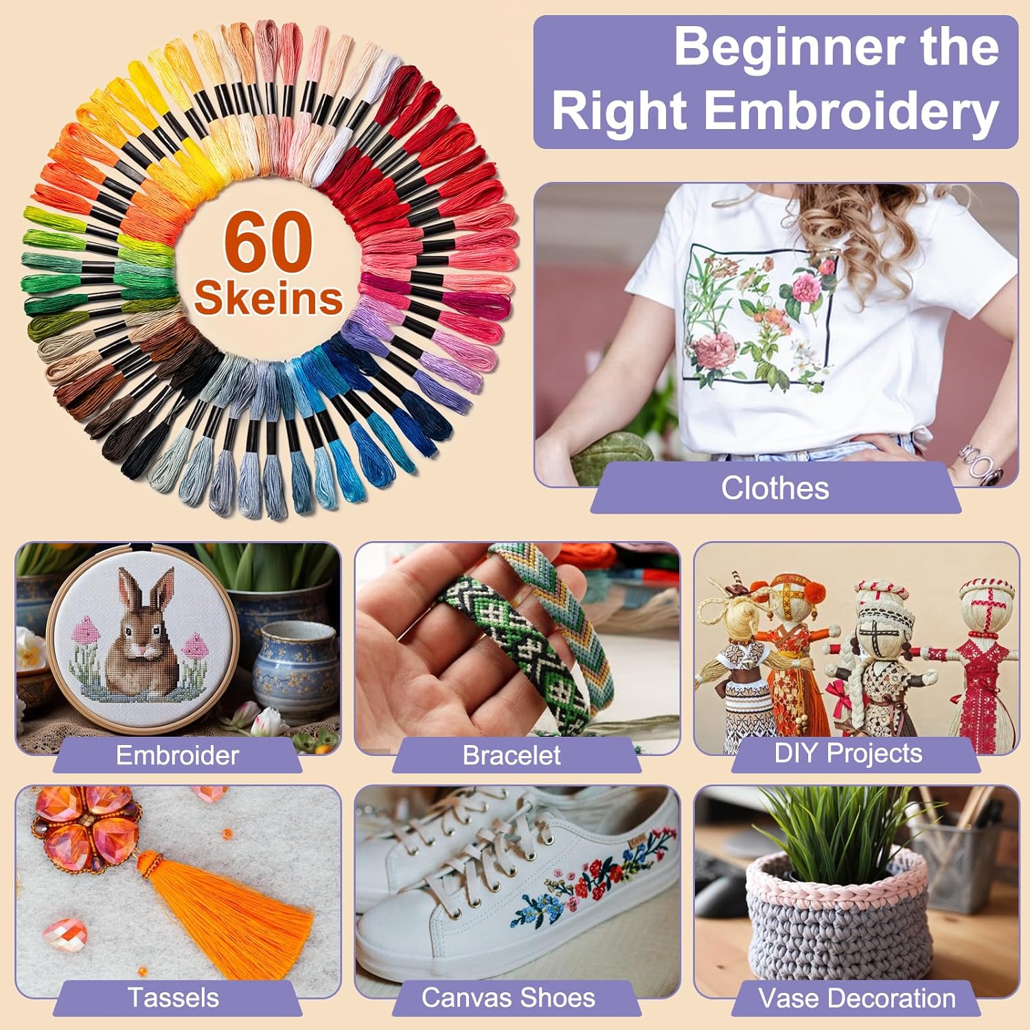 Friendship Bracelet String, 60 Skeins Cross Stitch Thread, 344.5 Inch Cotton Embroidery Floss, Hand Embroidery Thread for DIY Sewing and Embroidery โ image 6