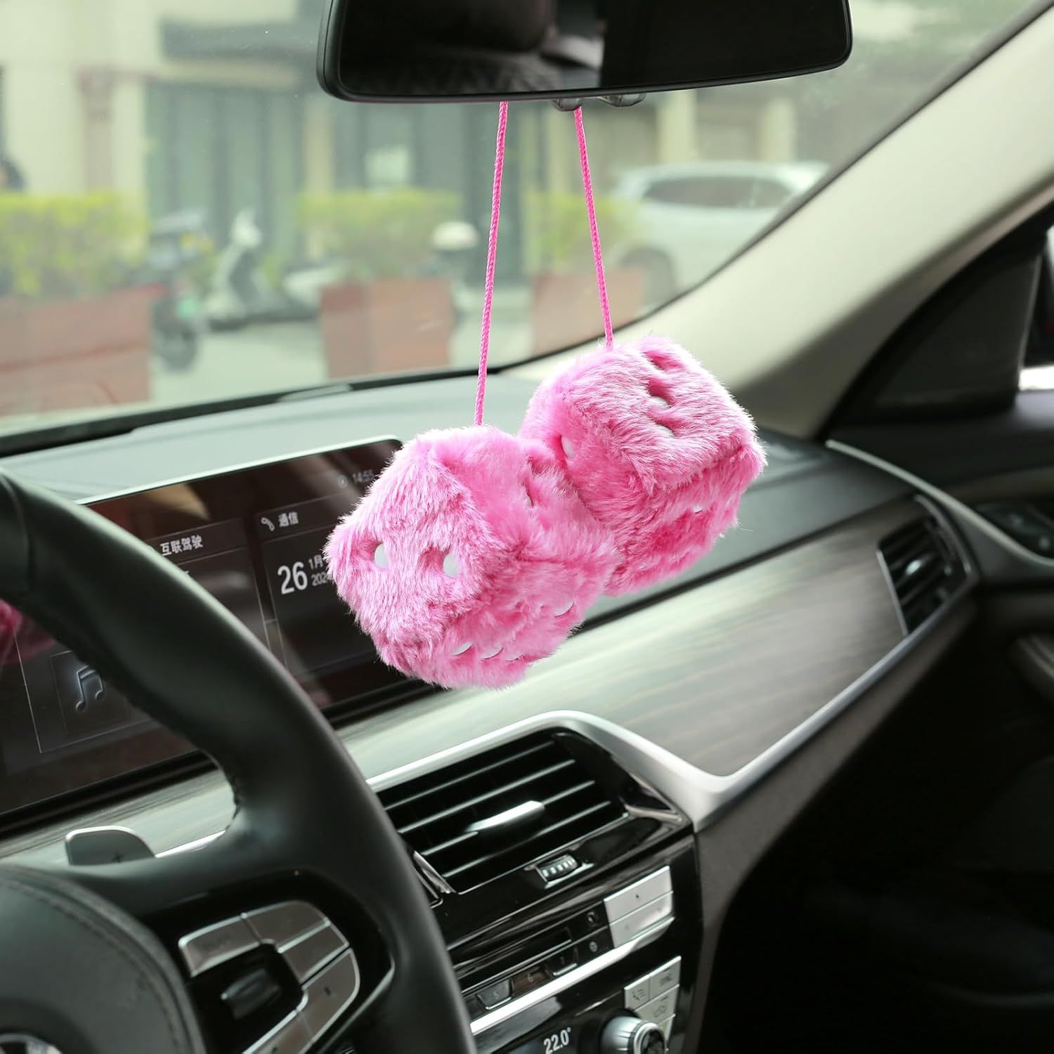 Compatible Pair of 2.75" Fuzzy Dice with Leather Dots Retro Car Rearview Mirror Hanging Accessories for Car Decoration (Pink)_qcx, Made of Fabric โ image 4