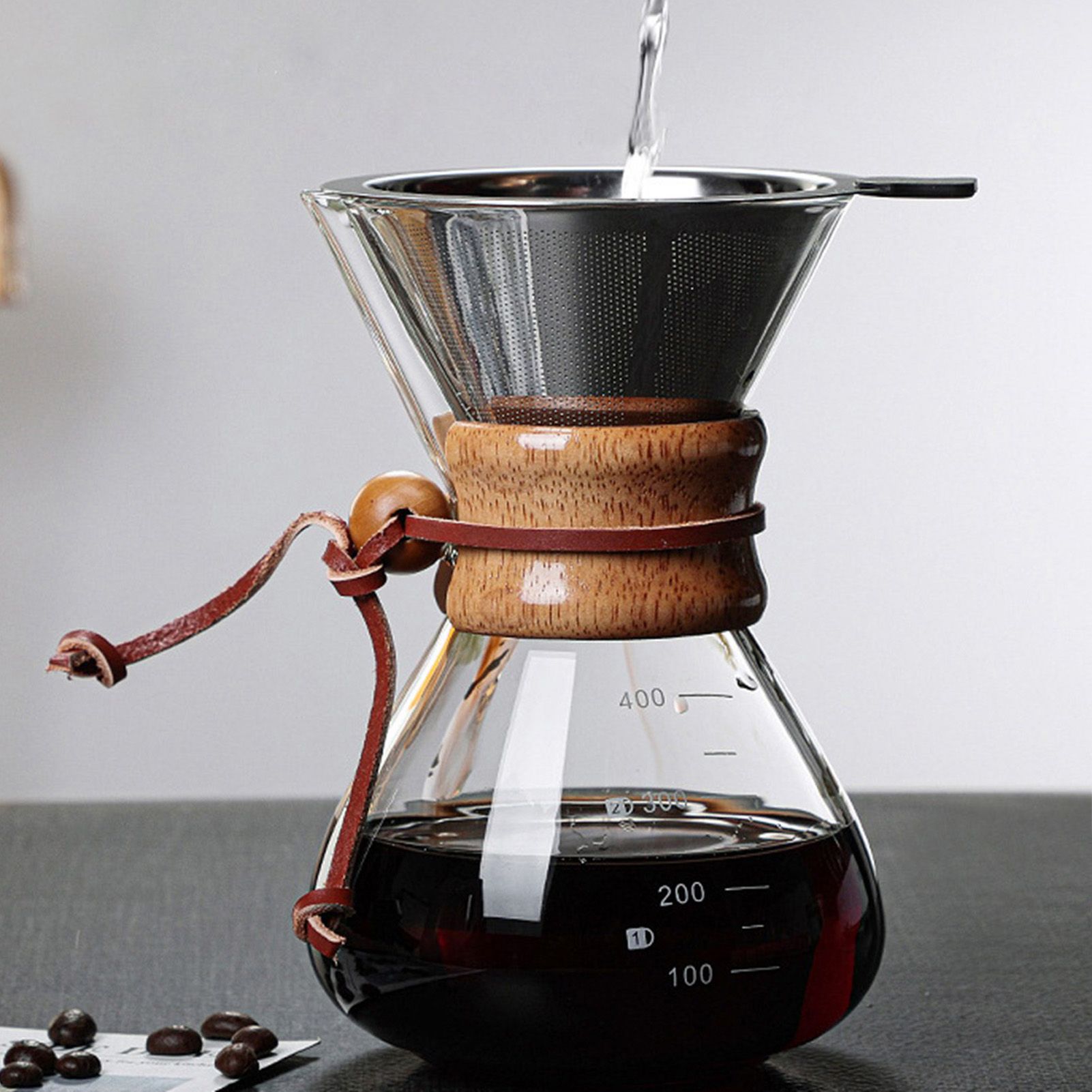 Pour Over Coffee Maker 400ml Double Layer Filter V Spout Wooden Sleeve Coffee Brewer for Home Cafe Party โ image 6