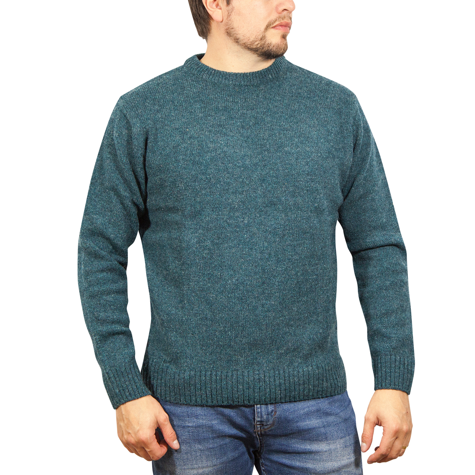 100% SHETLAND RAGG WOOL CREW Round Neck Knit JUMPER Pullover Mens Sweater Knitted - Sherwood — image 2