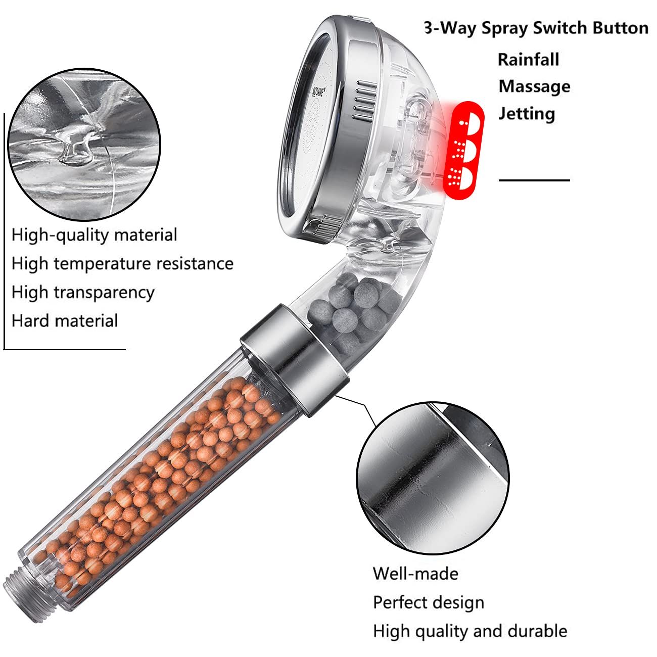 High pressure showerhead, ion filtration showerhead (3 settings), water-saving and stone filtration bead handheld showerhead โ image 4