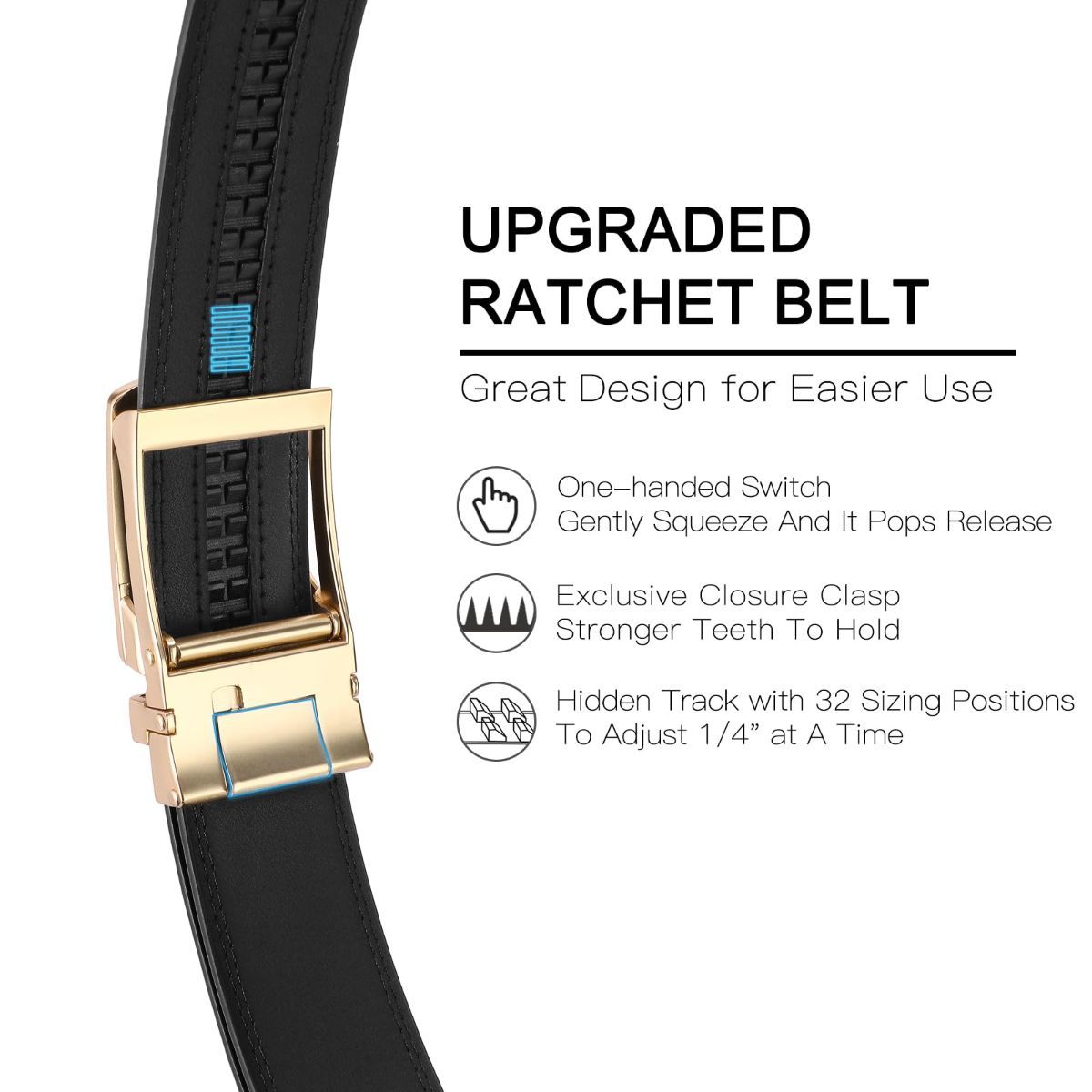 Ratchet Belt for Men Genuine Leather - Micro-Adjust Buckle Trim to Fit Dress Belt Casual to Formal Gift Boxed - Basic Gold - Black - Size 24"-28" Waist — image 5