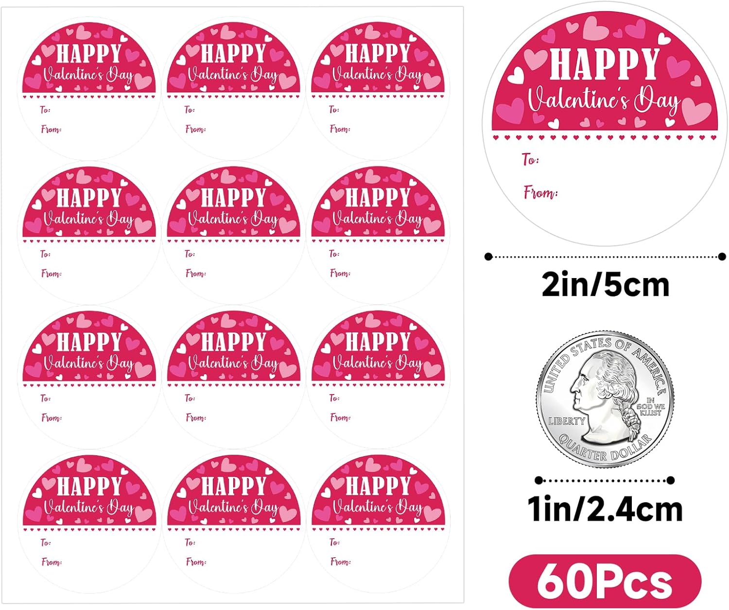 Valentines Day Gift Stickers - Happy Valentine's Day Name Stickers 60Pcs 2Inch Valentines to from Sticker Self Adhesive Happy Valentine's Heart Sticker for — image 2