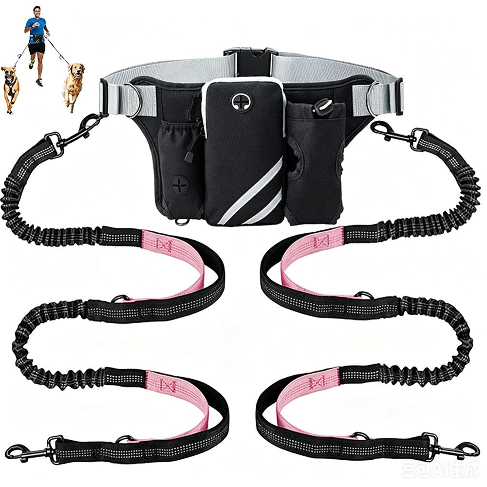 Hands Free Dog Leash Running Belt with Adjustable Bungee Lead(Pink), Multi Pocket Outdoor Waist Bag and Free Roll of 15 Poop Bags for Walking, Jogging and โ image 2