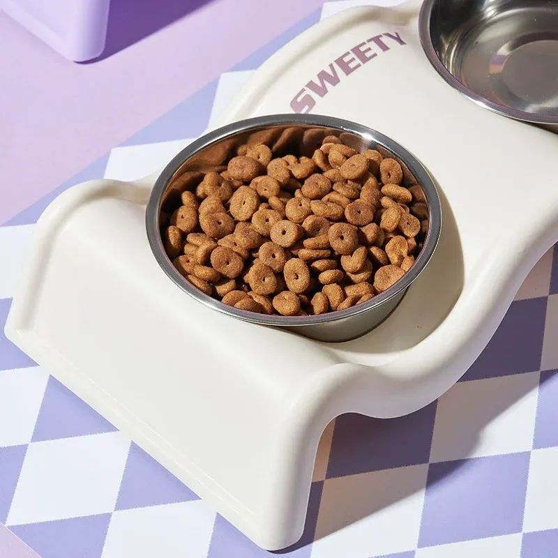 Pet Bowls Stainless Steel Double Bowl Wavy Cat Dog Feeding Dish Nonslip Base - White โ image 5