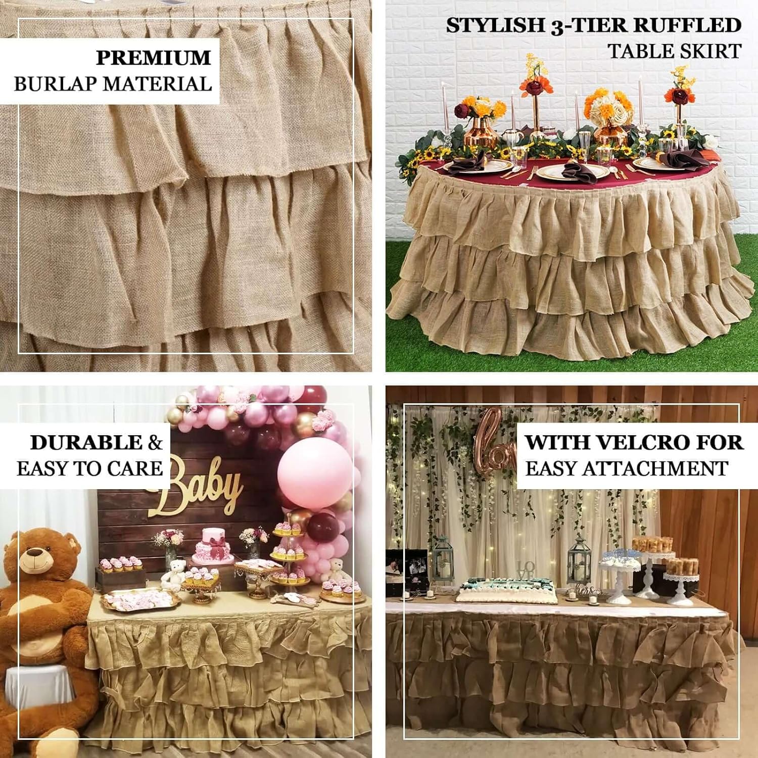 Efavormart 3 Tier Rustic Elegant Ruffled Burlap Table Skirt for Kitchen Dining Catering Wedding Party Decorations Events - 14 Ft โ image 4