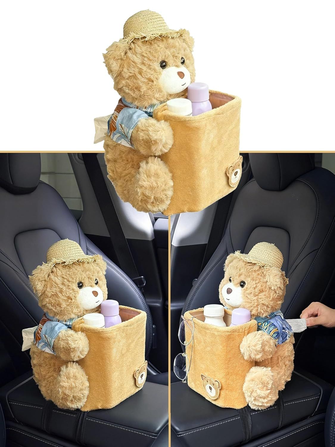Cute Plush 2 in 1 Car Tissue Box and Trash Can Teddy Bear Tissue Box Plush Animals Cute Holder Plushie Multifunctional Organizer Creative Accessories for