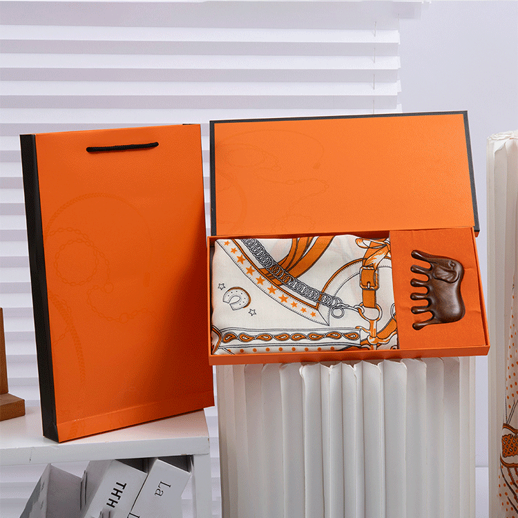 Luxury Orange Scarf Gift Set for Women - 70x70cm Belt Buckle Print Square Scarf with Elephant Comb, Stylish Neck Scarf & Hair Comb Set in Gift Box - Perfect