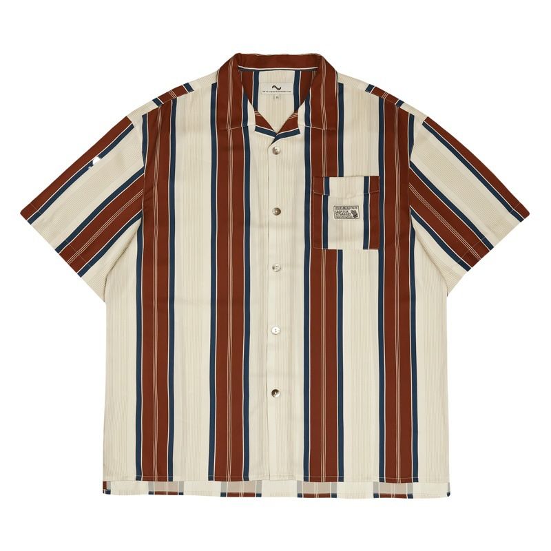 Men Short Sleeve Shirt American Style Stripe C125 Brown L โ image 2