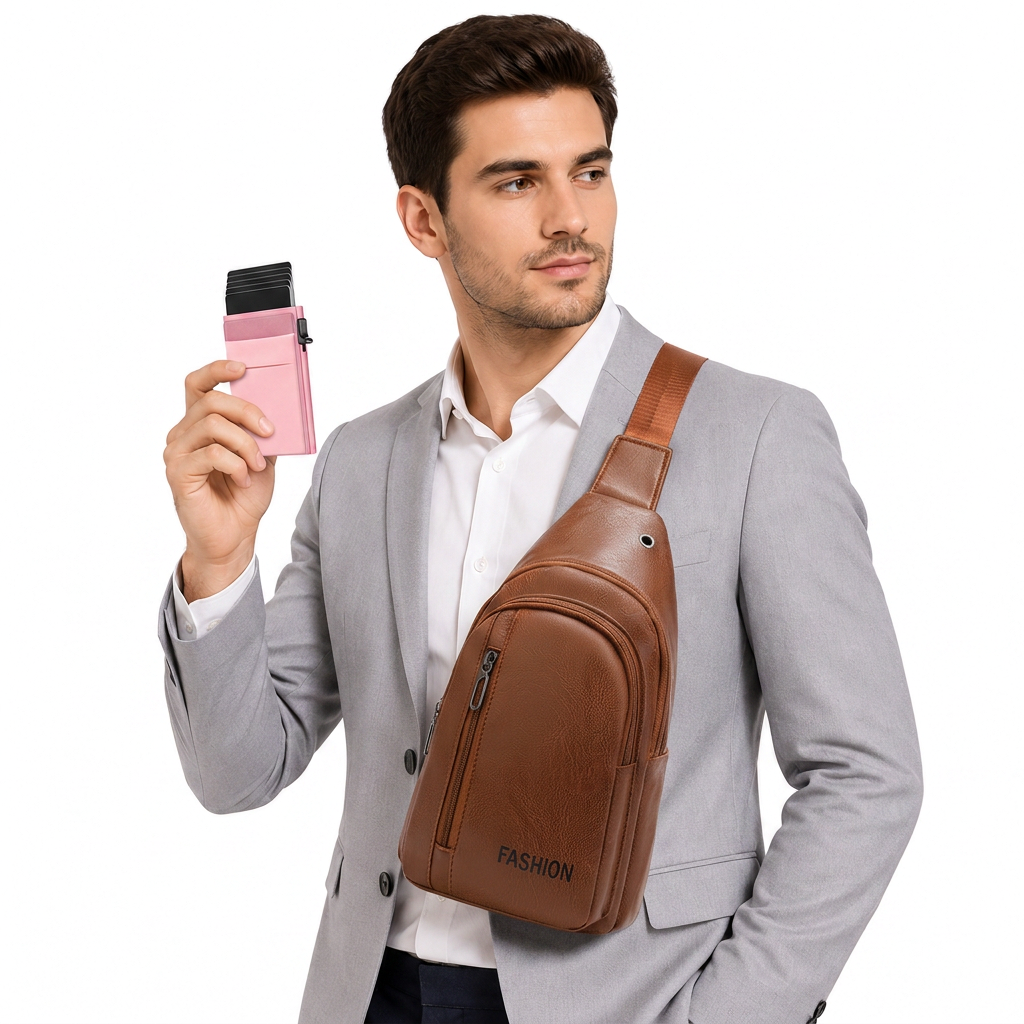 Office Commuter Business Set-Light brown Men's PU Leather Chest Bag and Pink RFID Blocking Aluminum Wallet - Waterproof Crossbody Sling Bag with