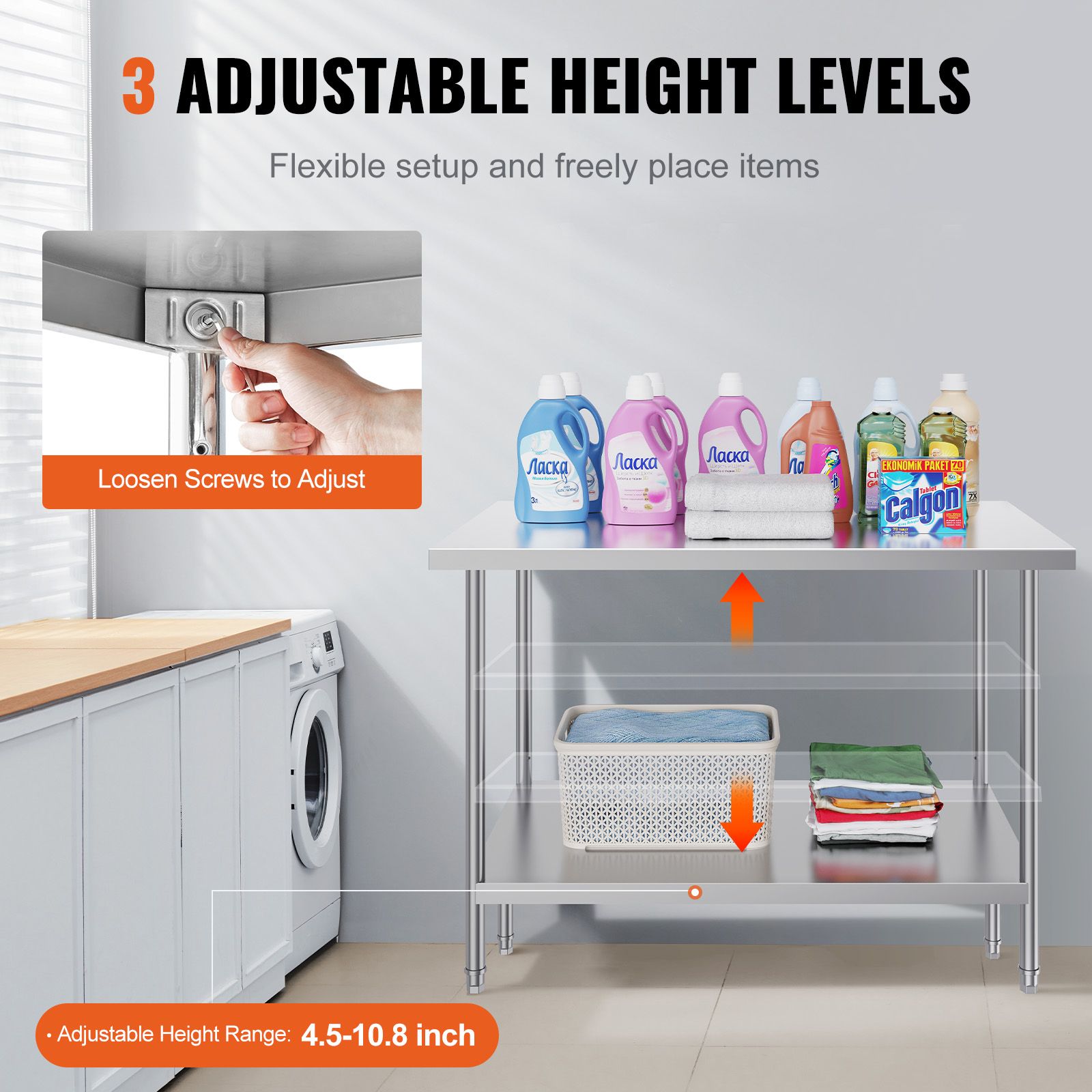 Stainless Steel Prep Table, 30 × 48 × 34 Inch, Heavy Duty Metal Worktable with 3 Adjustable Height Levels, Commercial Workstation for Kitchen Garage Restaurant — image 5