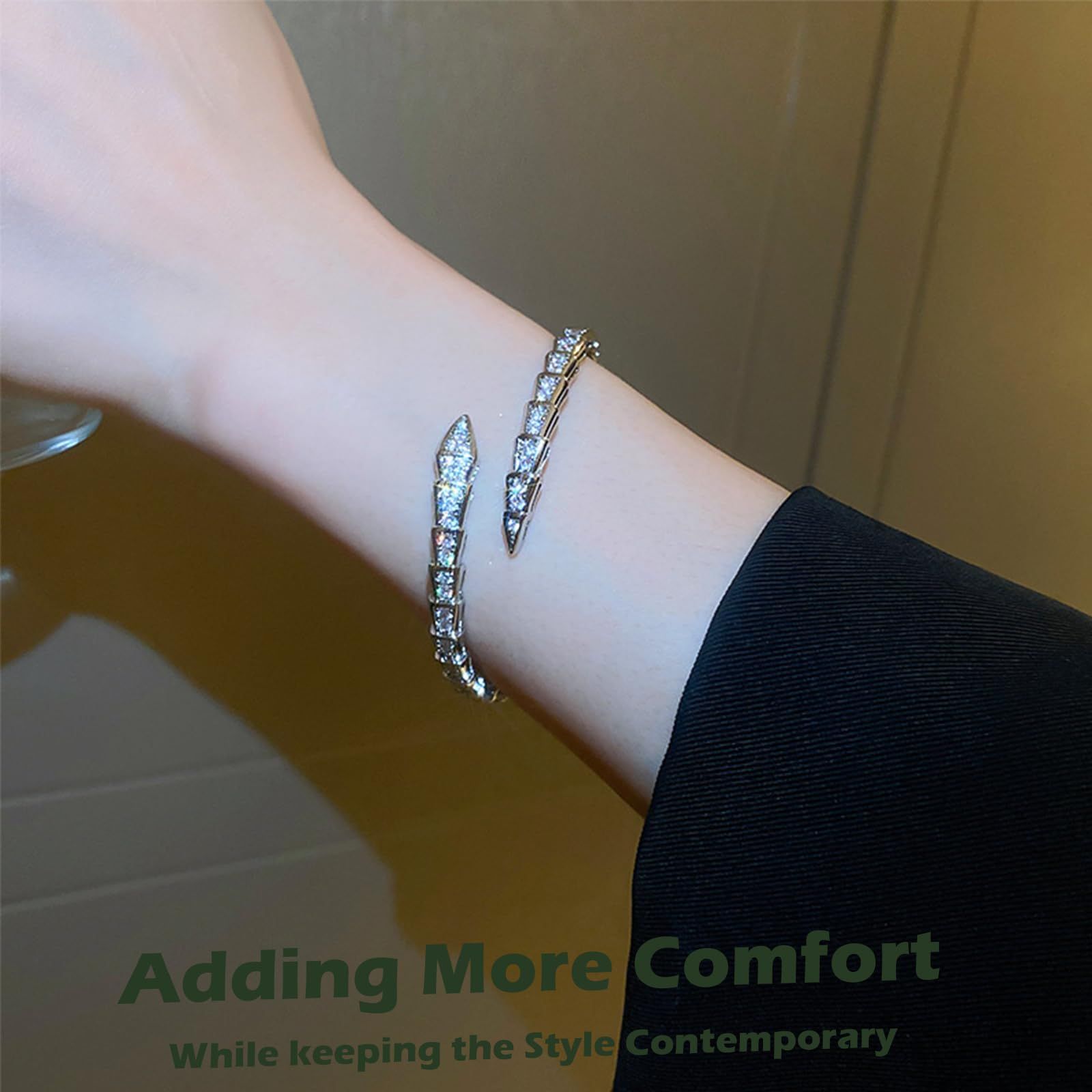 Crystal Cuff Bracelet for Women - Fashion Cubic Zirconi Silver Snake Bracelet Charm, Bangle Jewelry Gift for Anniversary Party — image 4