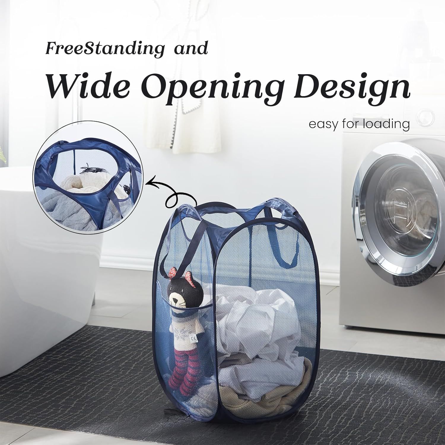 Collapsible Pop Up Laundry Basket, Hamper with Sturdy Handles and Side Pocket - Mesh Portable Foldable Dirty Clothes Hamper for Dorm, Laundry room, Bathroom — image 5