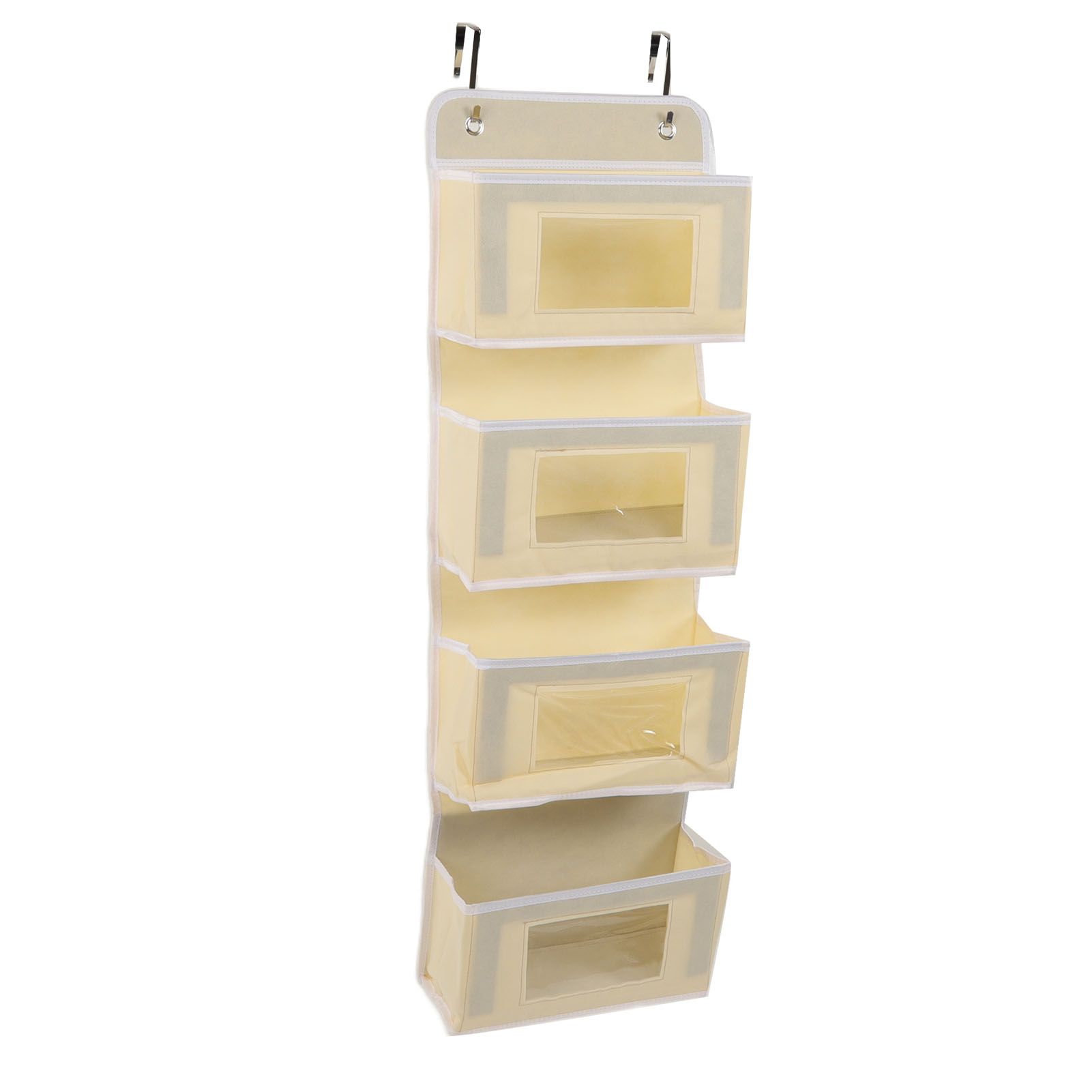 Hanging Closet Organizer Multilayer Strong Load Bearing Capacity Nonwoven Over Door Organizer Hanging Organizer with 2 Hooks Khaki 4 Compartments — image 3