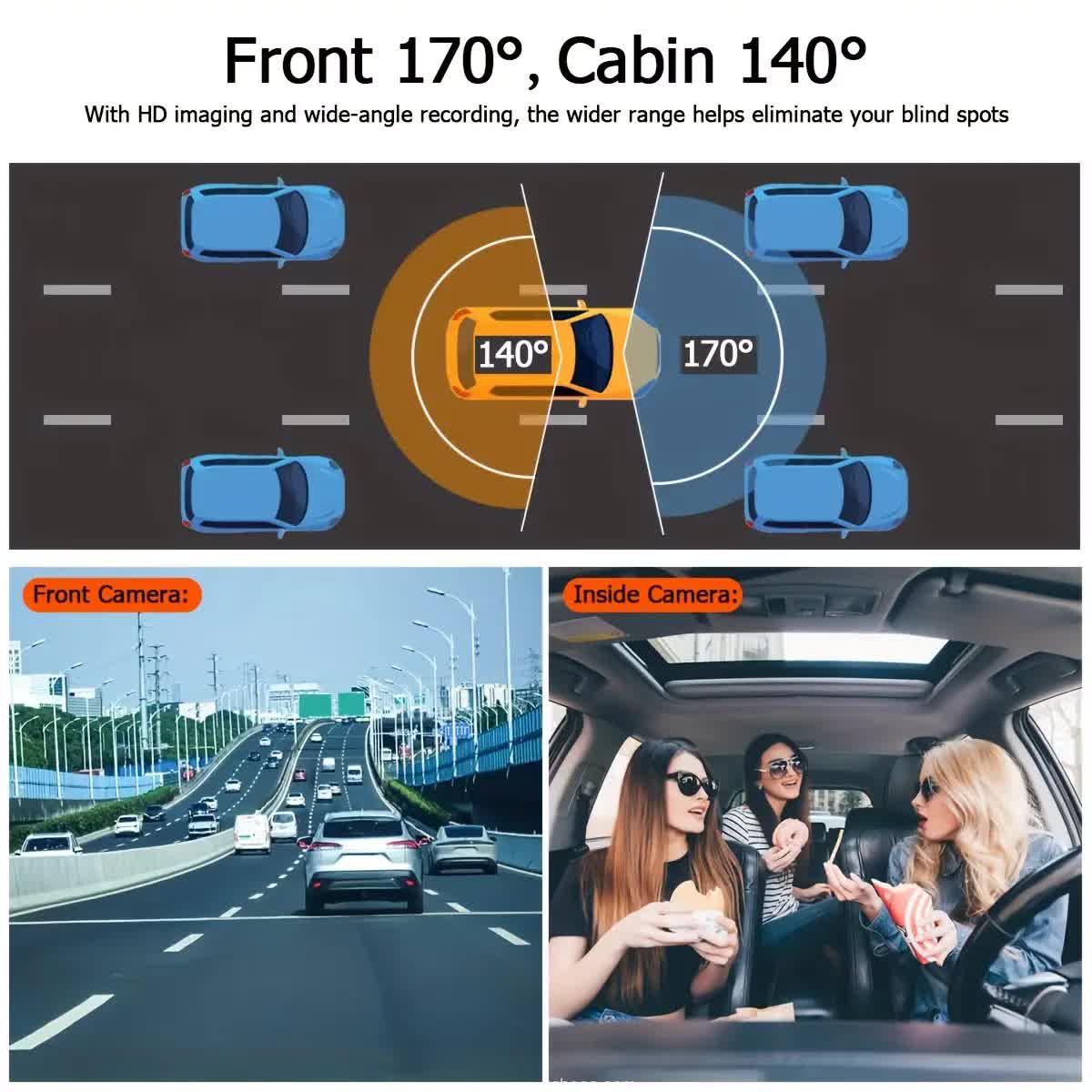 Car recorder with dual recording function | Front and rear cameras | Front camera 1080P & Internal camera 720P, 170° wide-angle, night vision function, small — image 2