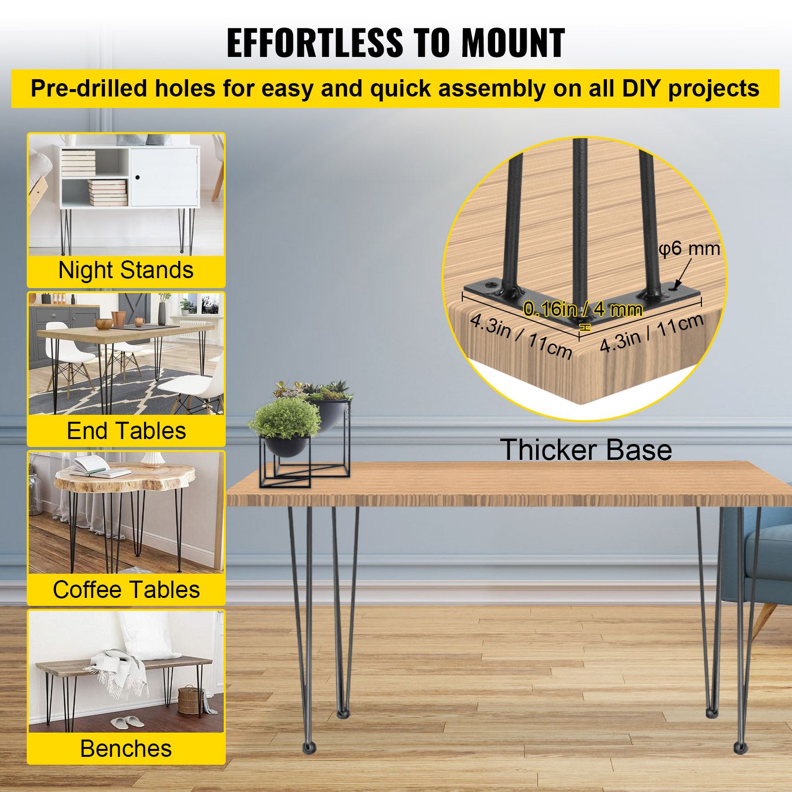 Hairpin Table Legs 30 inch Black Set of 4 Desk Legs Each 220lbs Capacity Hairpin Desk Legs 3 Rods for Bench Desk Dining End Table Chairs Carbon Steel DIY Table — image 6