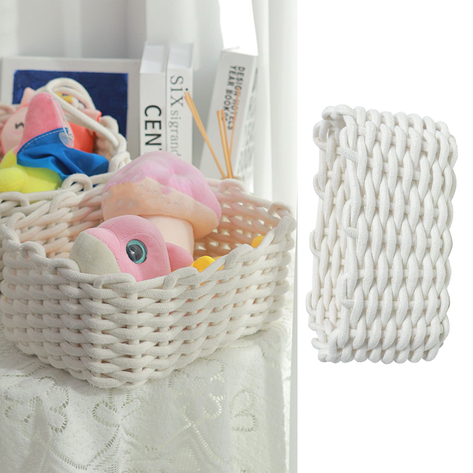 Cotton Rope Storage Basket Hand Knitting Nordic Style Desktop Storage Organizer for Key Snacks Underwear White 30x22x14cm/11.8x8.7x5.5in โ image 5