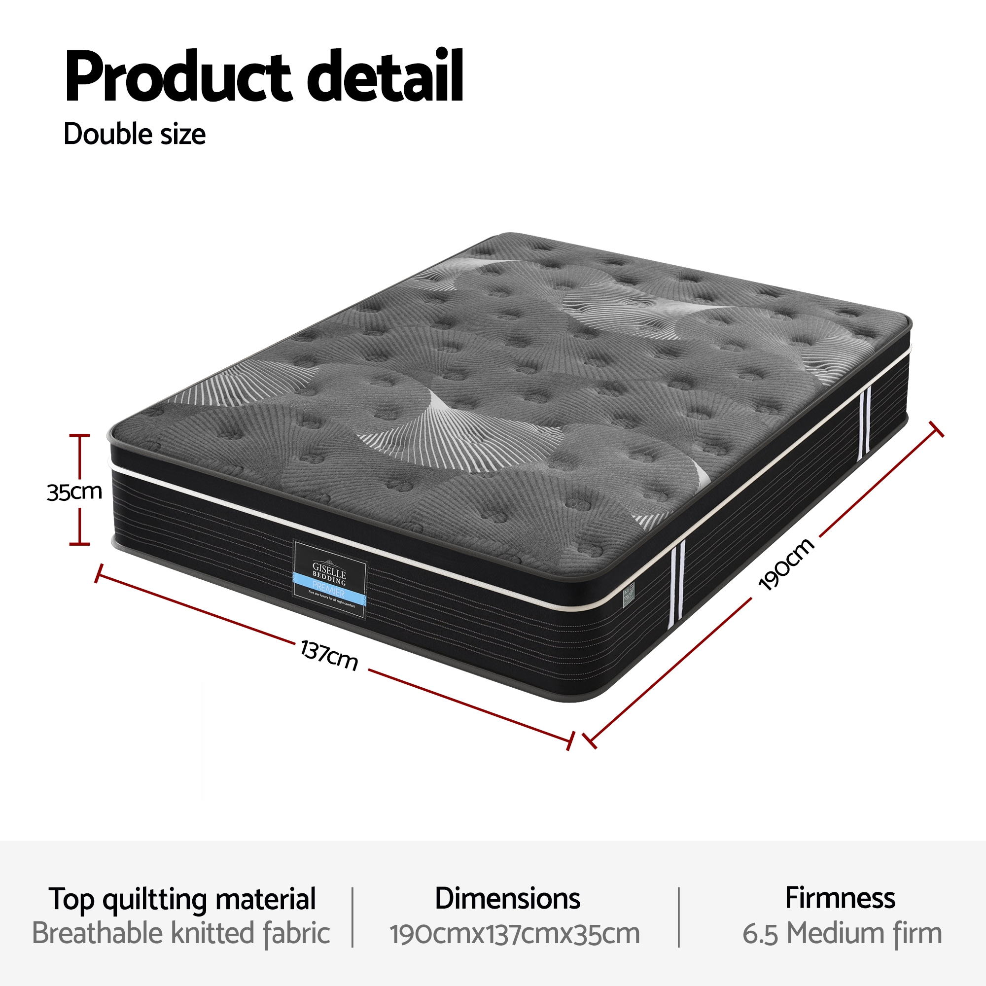 Giselle Bedding Double Mattress 35cm Euro Top with Graphene Cooling Comfort Medium Firm — image 3