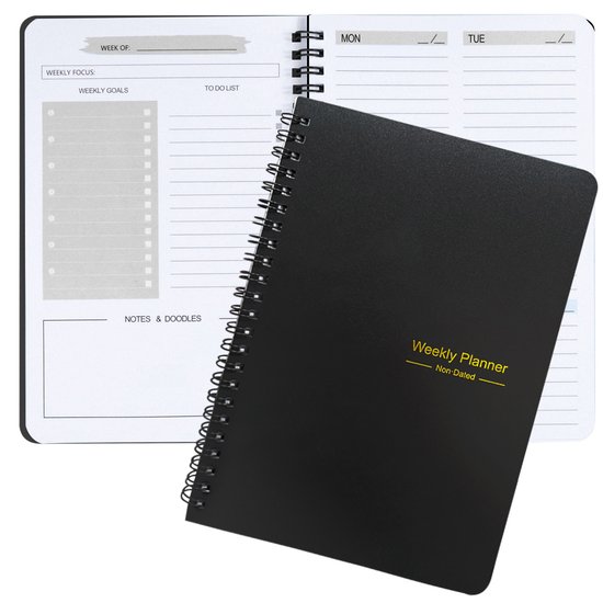 Weekly planner - Notebook for weekly to-do list - With goals and habit tracker - A5 format - Spiral binding - Unisex (Black, Type A)