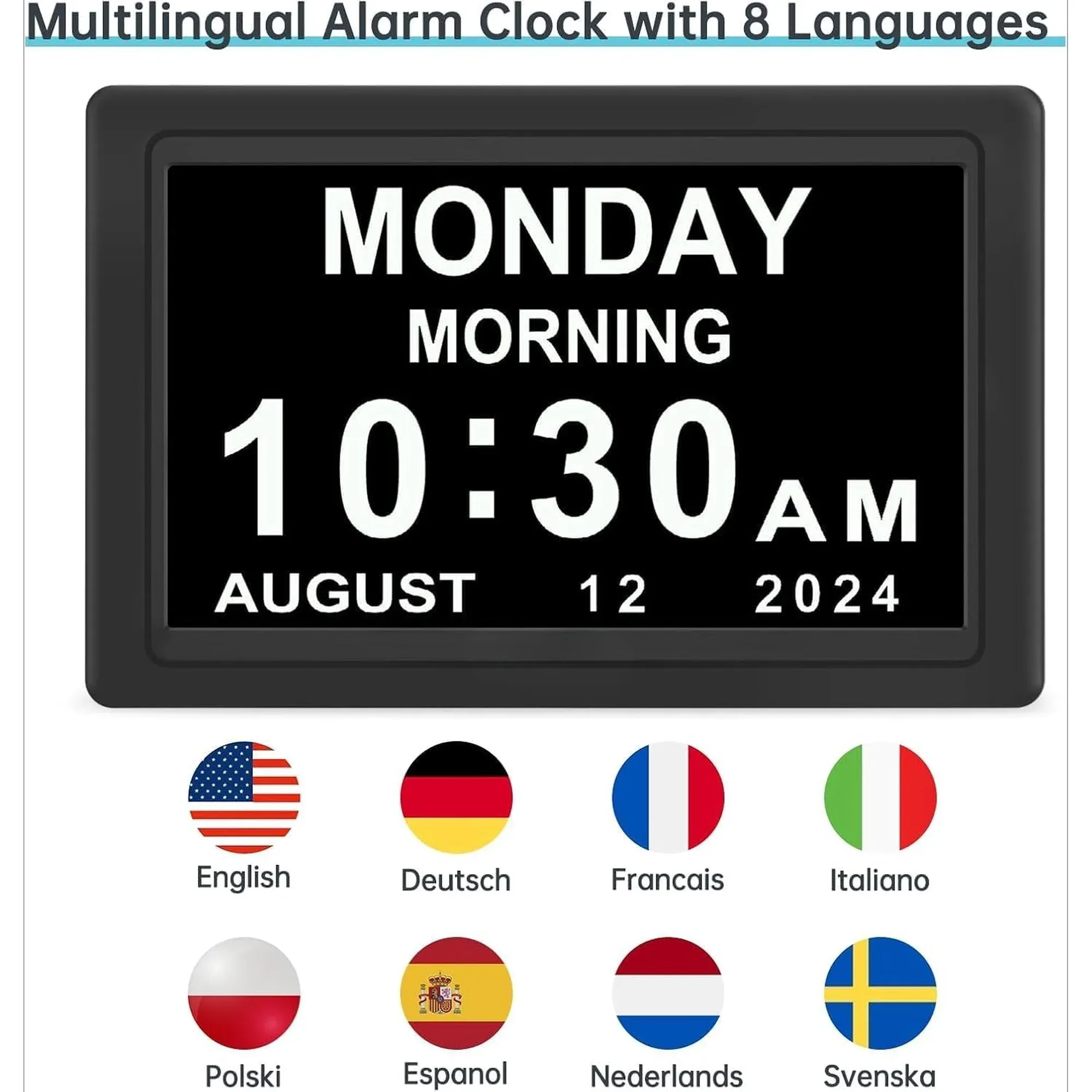Dementia Digital Clock for Seniors, Extra Large Electric Calendar Clock With 20 Alarms Auto DST and HD Display, 10 in, 1024 × 600P — image 5